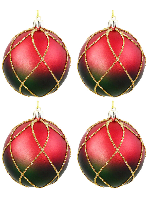 4x Heritage Crimson Red & Midnight Green Signature Gold Bead Baubles | 80mm
