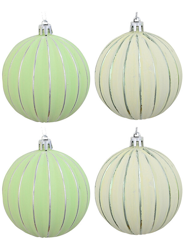 4x Celestial Mint & Cream Signature Ribbed Silver Pinstripe Baubles | 80mm