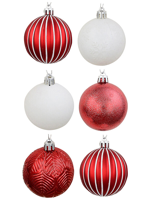 47x Classic Red & White Essential Mixed Texture Bauble Starter Pack | 60mm