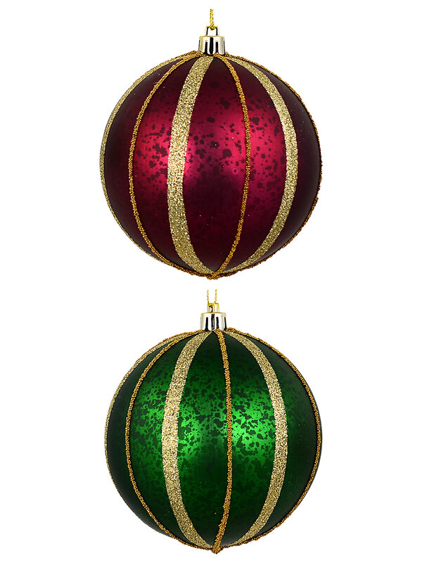 2x Heritage Green & Burgundy Signature Mercury Glitter Stripe Baubles | 10cm