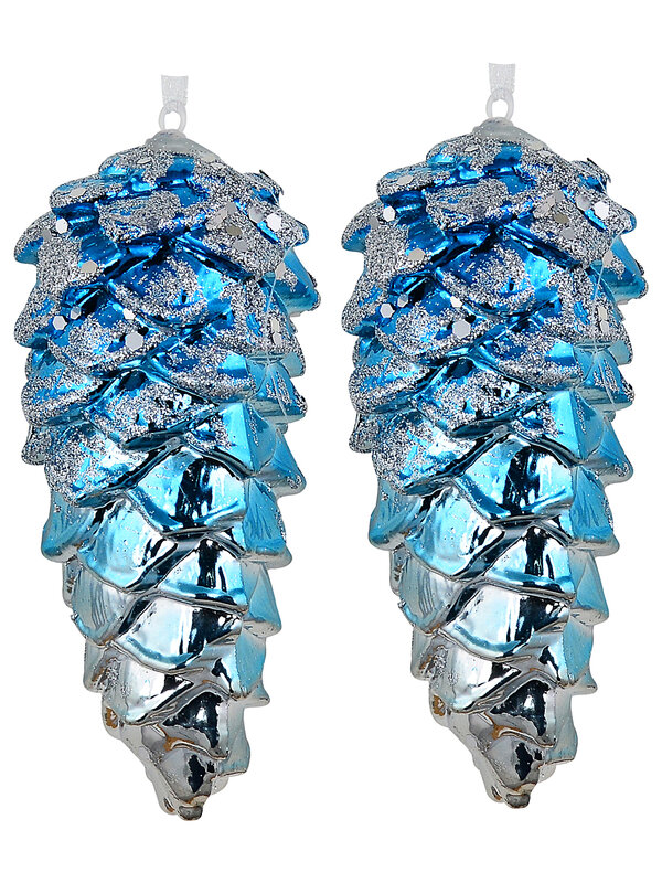 4x Silver Blue Two Tone Whimsical Signature Pinecone Finial Drops | 11cm