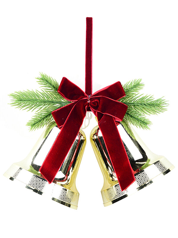 Dynamic Champagne Gold & Burgundy Velvet Bow Double Bell Swag | 25cm