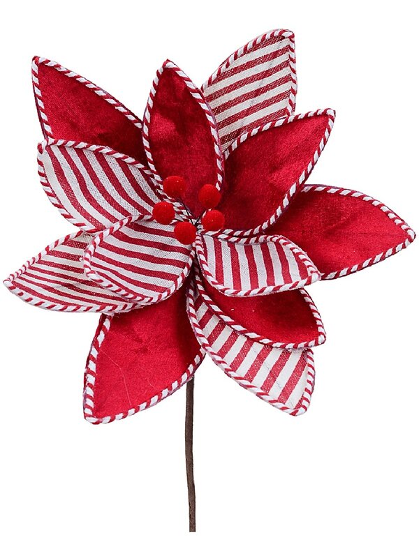 Red Candy Stripe Velour & Jute Poinsettia Christmas Stem | 30cm