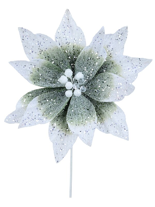 Sage Mint Ombre Velvet Poinsettia Long Stem With Silver Sequins | 30cm