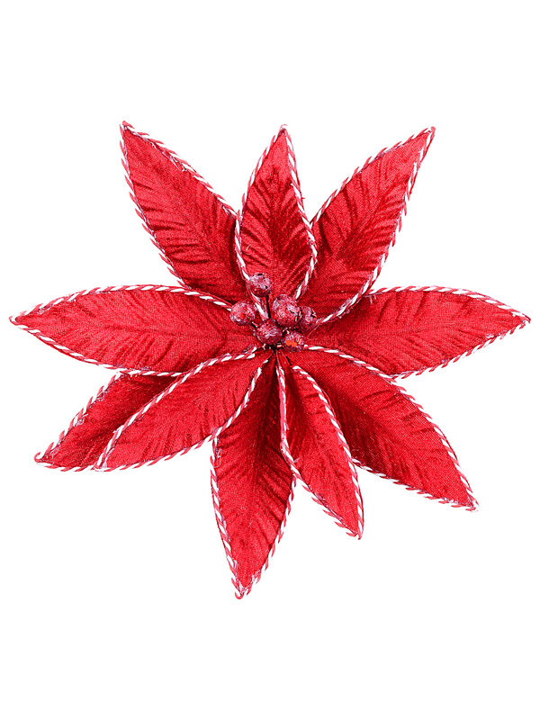 Crimson Red Velvet & Corded String Poinsettia Christmas Clip Stem | 30cm