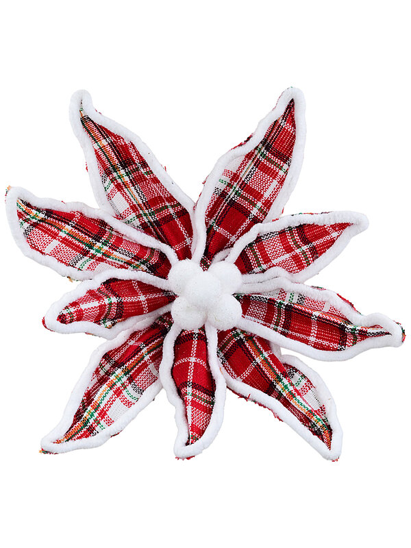 Red Tartan Plaid & Faux Fur Poinsettia Christmas Clip Stem | 30cm