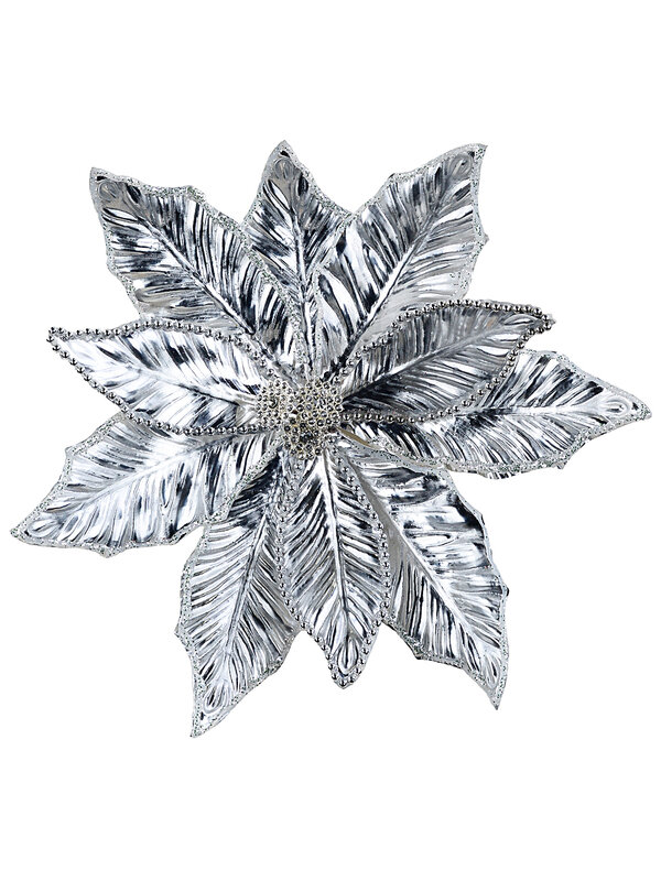 Imperial Silver Embossed Metallic & Beaded Poinsettia Clip Stem | 30cm