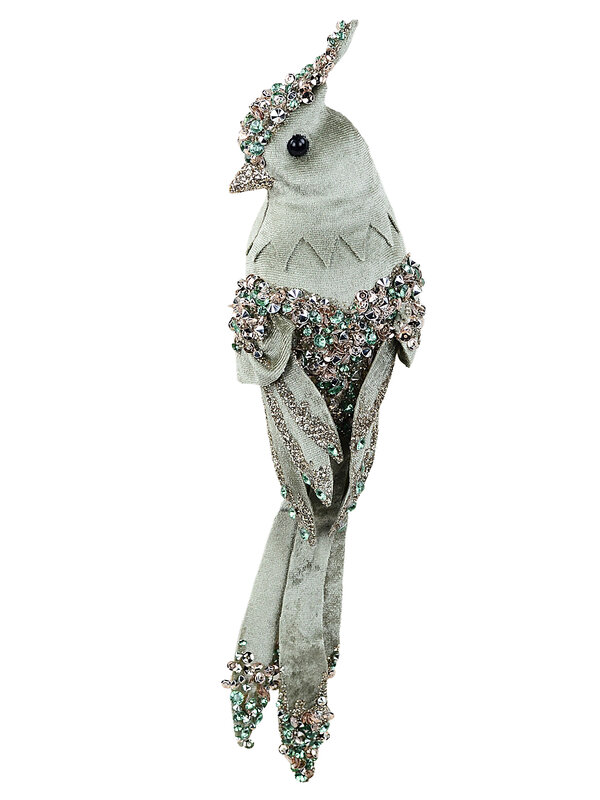 Sage Green Velvet Cockatoo Pick With Rose Gold & Emerald Jewels | 30cm
