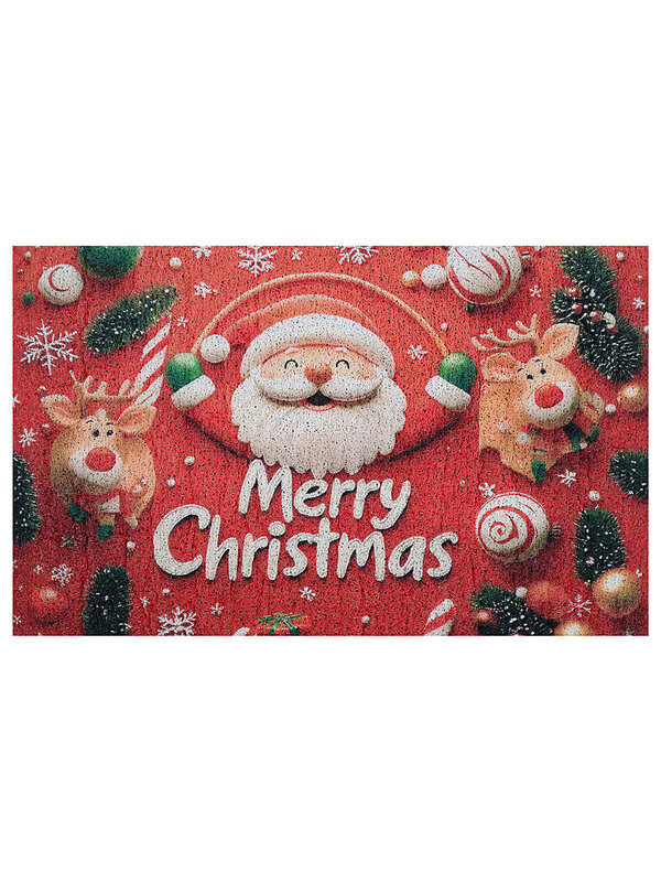 80cm Santa & Reindeer Merry Christmas Doormat | Festive Red Entryway Mat