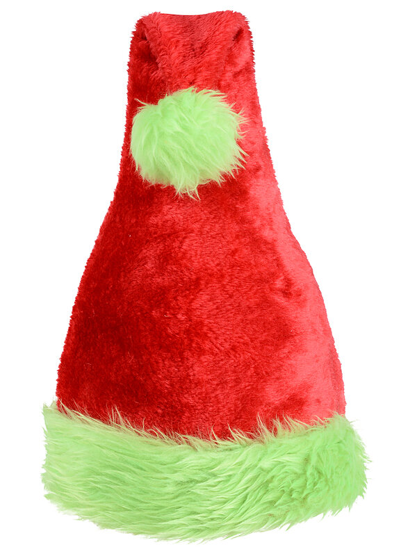Plush Red Grinch Santa Hat With Green Faux Fur Trim | One Size Fits Most