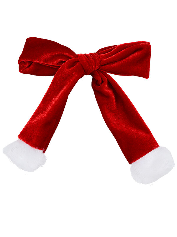 Elegant Red Velvet Christmas Ribbon Bow Hair Clip With Faux Fur Trim | 15cm
