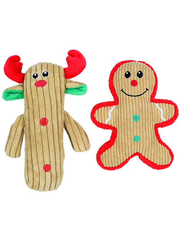 Assorted Corduroy Squeaky Dog Toy | Christmas Reindeer Or Gingerbread Man