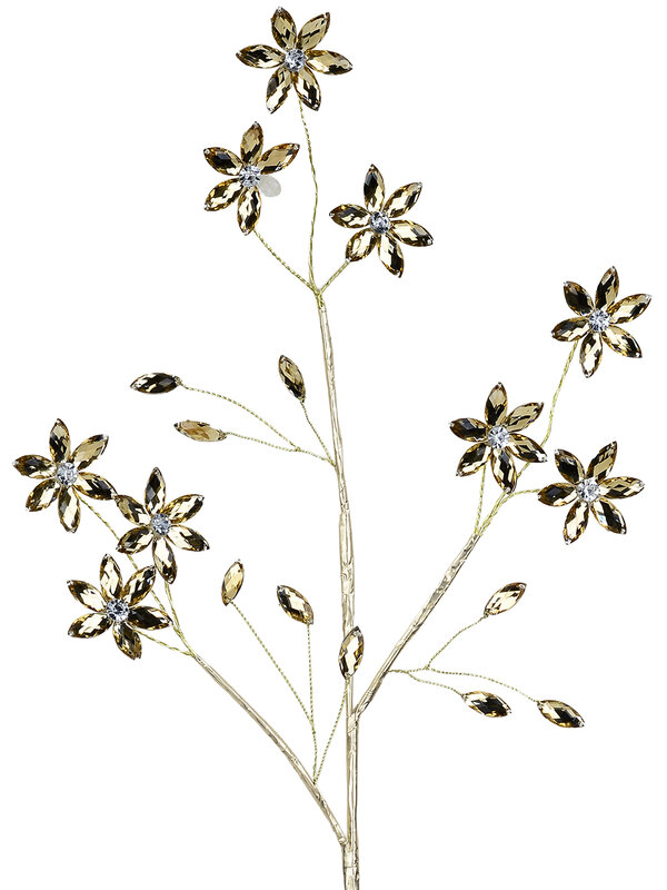 Honey Amber Diamante Blossom Spray Stem With Gilded Branches | 58cm