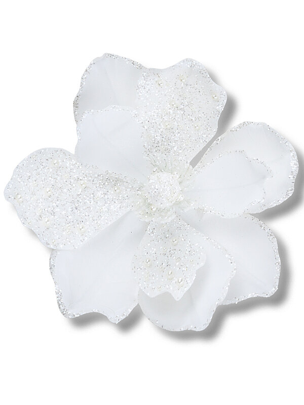 Antique White Papercraft Magnolia Jewelled Pearl Christmas Clip Stem | 18cm