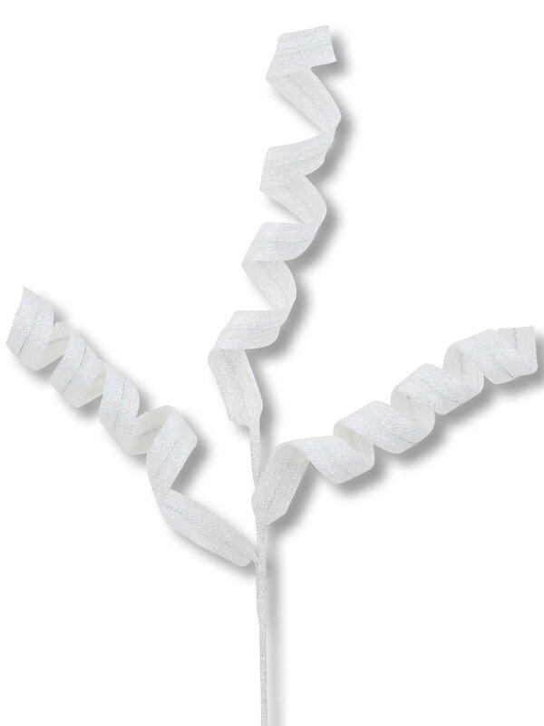 White Curly Ribbon Glitter Spray Stem With Posable Iridescent Branchlets | 60cm