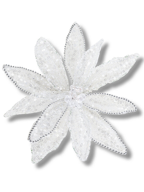 Silver Bead & Iridescent White Organza Lattice Poinsettia Clip Stem | 30cm