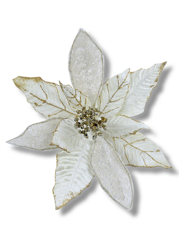 Gold White & Cream Poinsettia Christmas Tree Clip Pick | 28cm