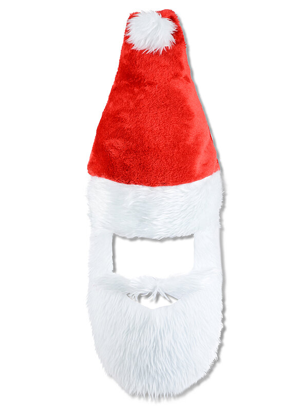 Classic Plush Red Santa Hat With White Faux Fur Beard | One Size Fits Most