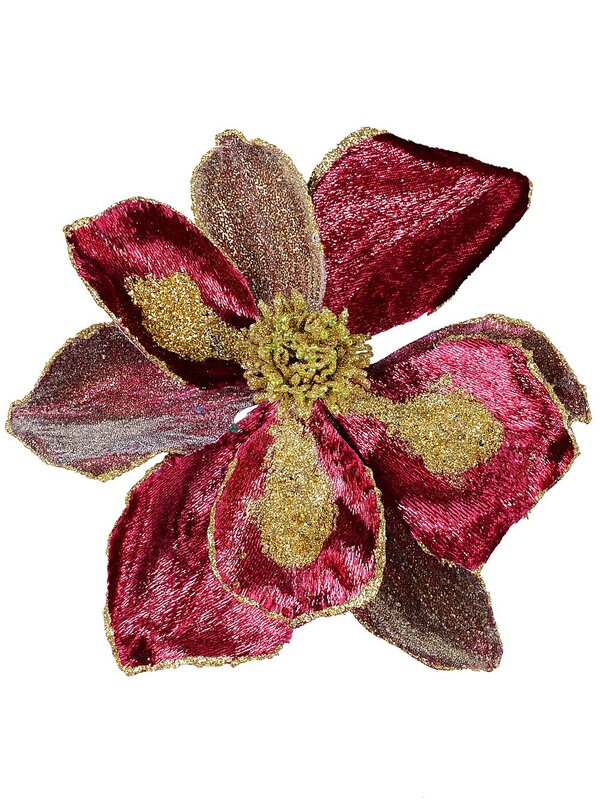 22cm Burgundy With Gold Glitter Magnolia Flower Christmas Tree Clip Pick