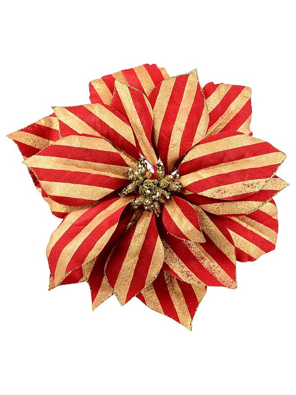 Red & Gold Glitter Stripe Poinsettia Christmas Tree Clip Pick | 22cm