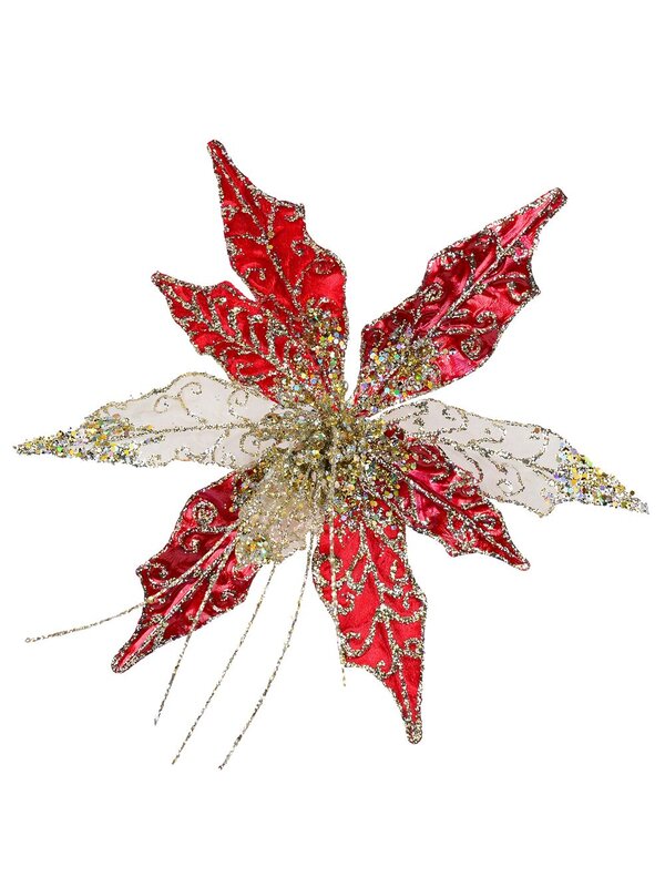 22cm Red Velvet & Metallic Sheer Cactus Flower Christmas Tree Clip Pick