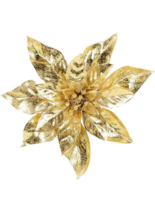 Shiny Gold Moulded PVC Poinsettia Christmas Tree Clip Pick | 22cm