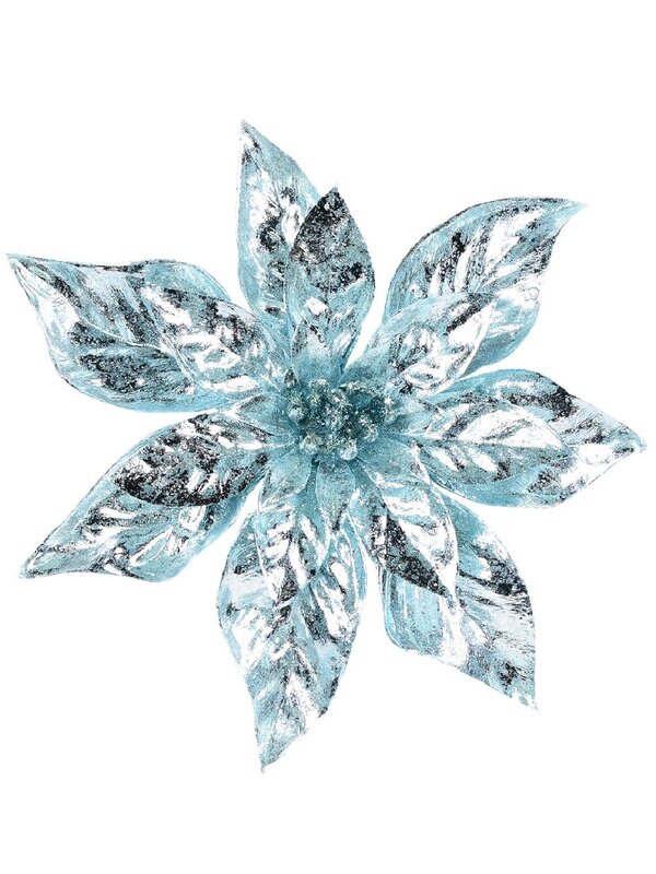 Shiny Light Blue Moulded PVC Poinsettia Christmas Tree Clip Pick | 22cm