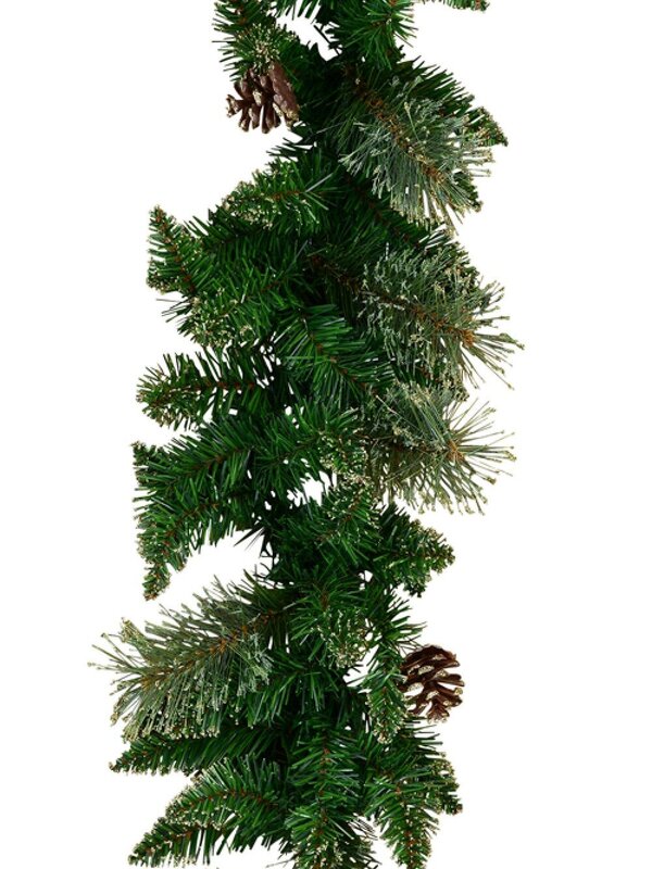 2.3m Balsam Pine Needle Garland With Pine Cones & 165 Gold Glitter Tips