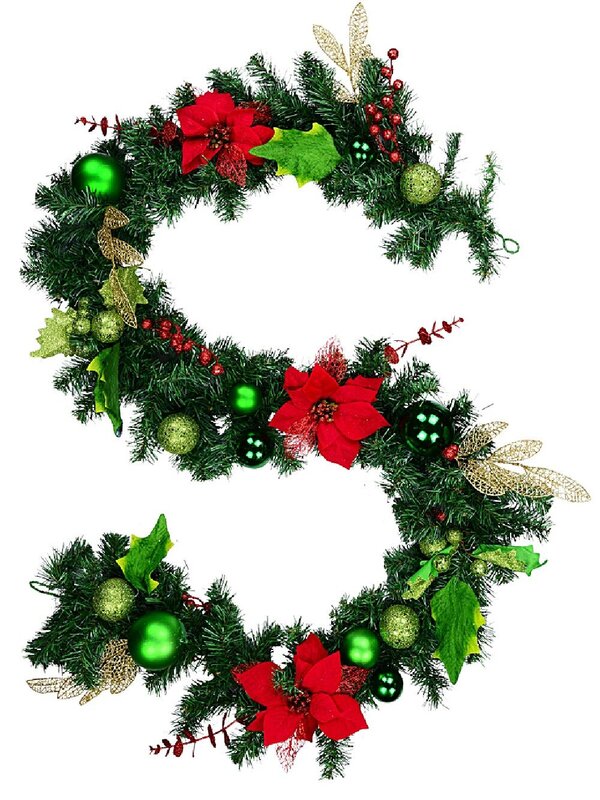 2.3m Decorated Red Poinsettia, Mistletoe, Foliage & Baubles Pine Garland