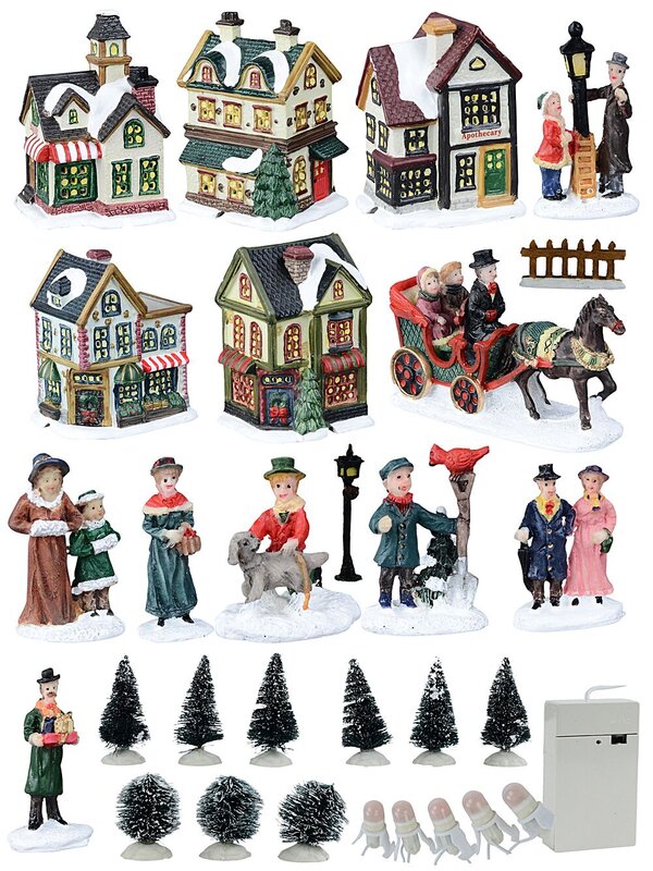 24 Piece Christmas LED Village Set With Bakery, Shop, Homes & Townsfolk