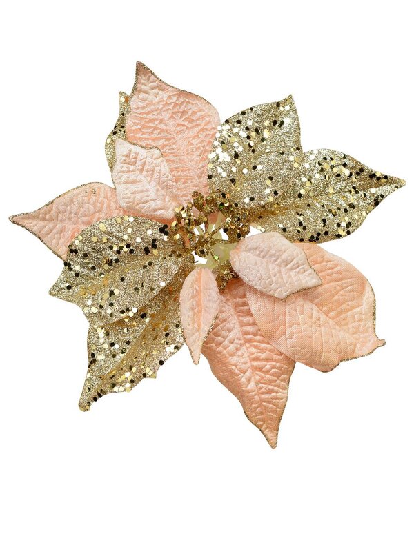 Pink & Gold Two Style Bract Poinsettia Christmas Tree Clip Pick | 24cm