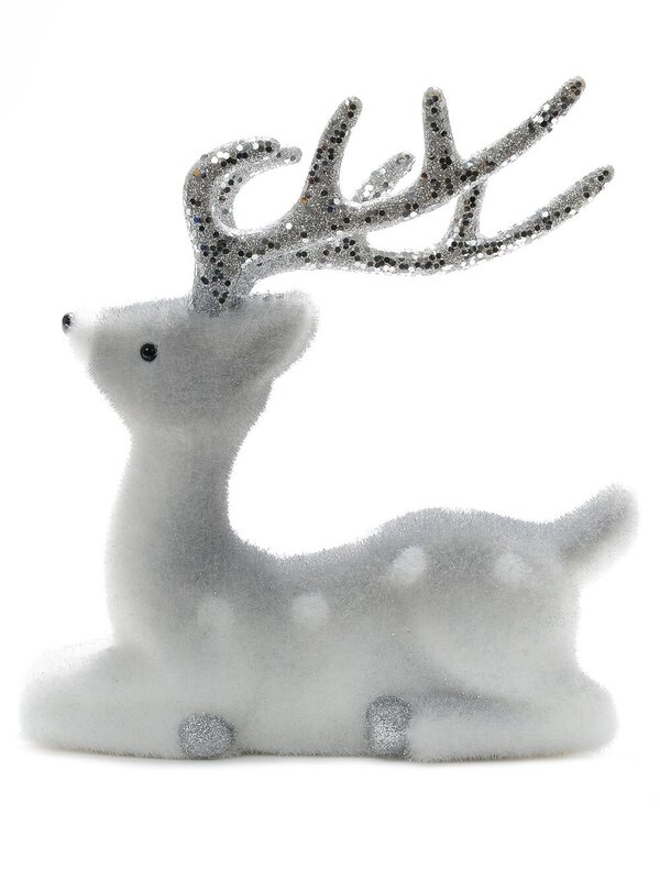 24cm White & Silver Glitter Flocked Sitting Reindeer Ornament