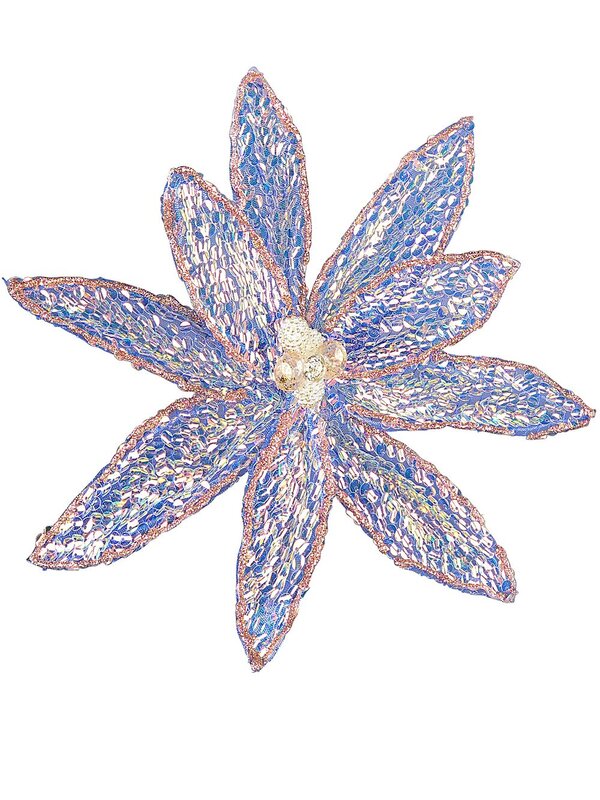 Blue Poinsettia With Iridescent Sequins Christmas Tree Clip Pick | 26cm