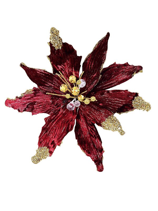 Burgundy & Gold Poinsettia Christmas Tree Clip Pick | 26cm