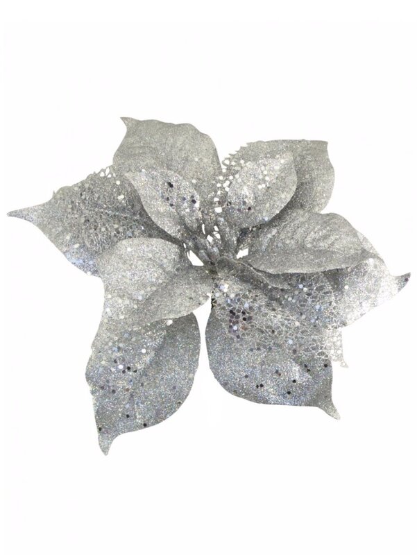Silver Poinsettia Christmas Tree Clip Pick With Sequins & Glitter | 26cm