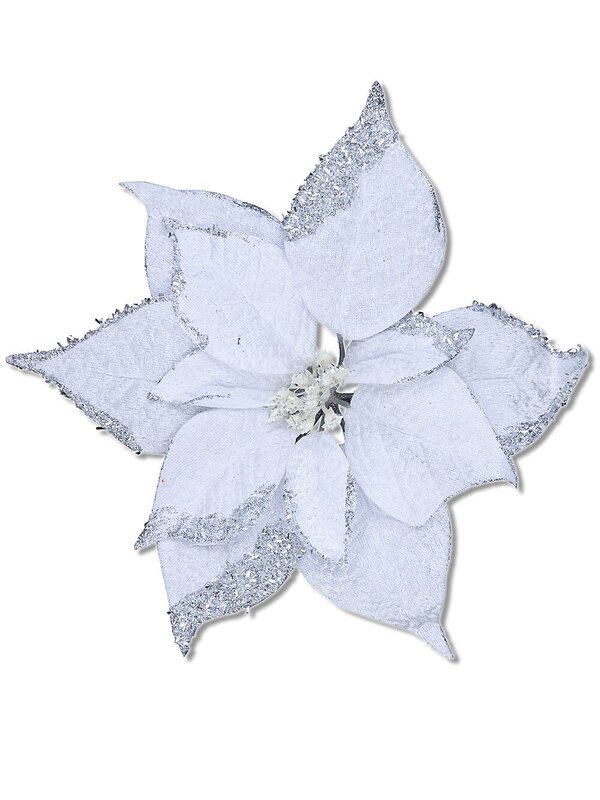 White With Silver Edge Poinsettia Christmas Tree Stem Pick | 27cm