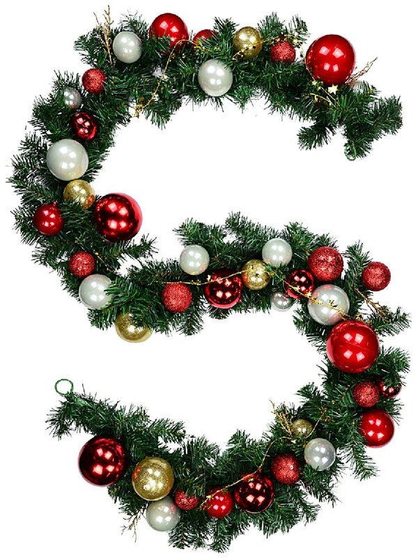 2.7m Decorated Red & Gold Bauble Christmas Garland | Star Ribbon & Twigs