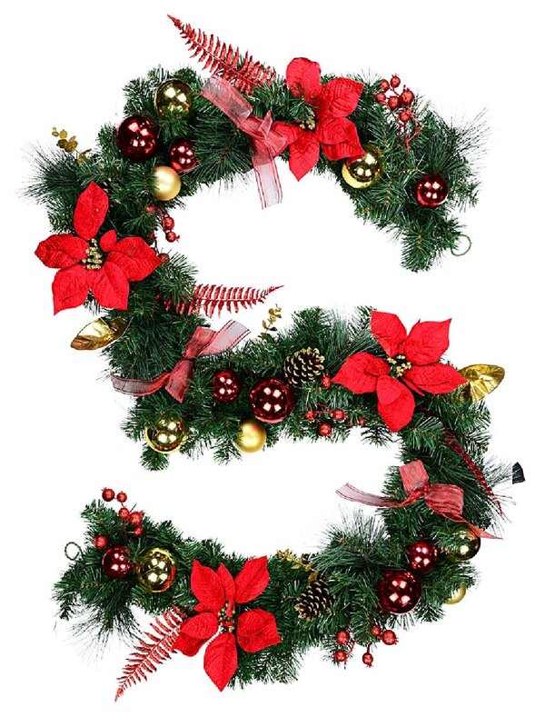 2.7m Decorated Red & Gold Poinsettia Christmas Garland | Baubles & Mesh Bows