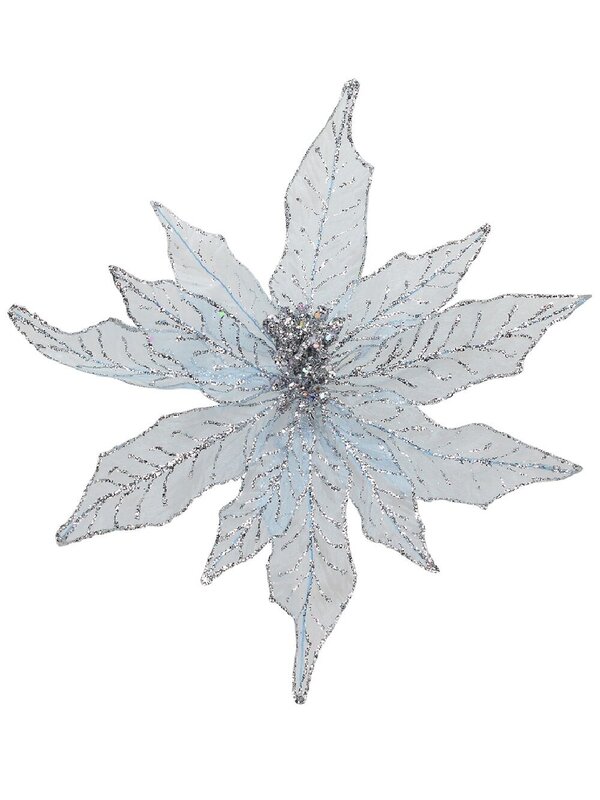 28cm Light Baby Blue Mesh Leaf Poinsettia Christmas Tree Clip Pick