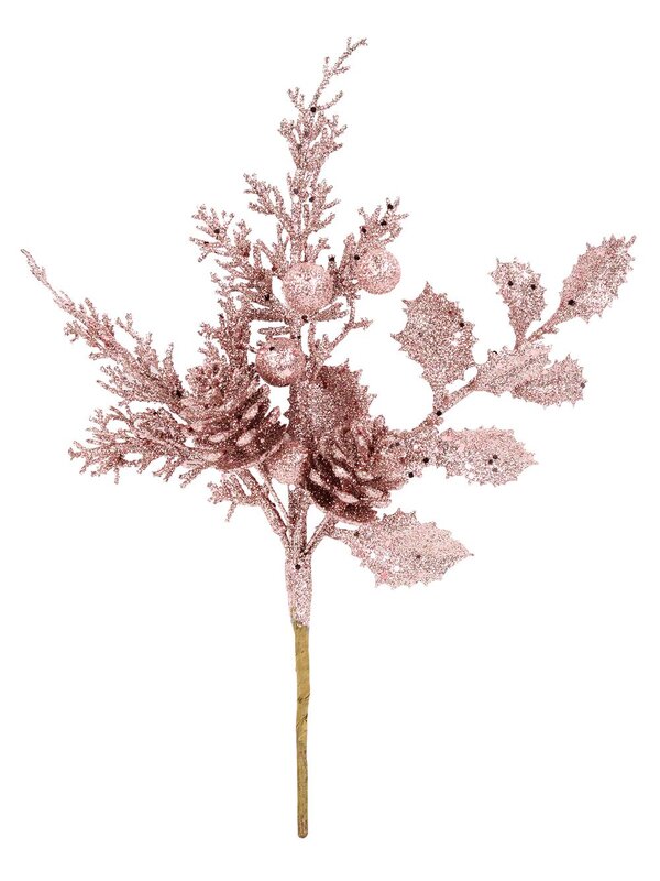Pink Glitter Mixed Foliage With Pinecone & Berries Christmas Stem Pick | 28cm