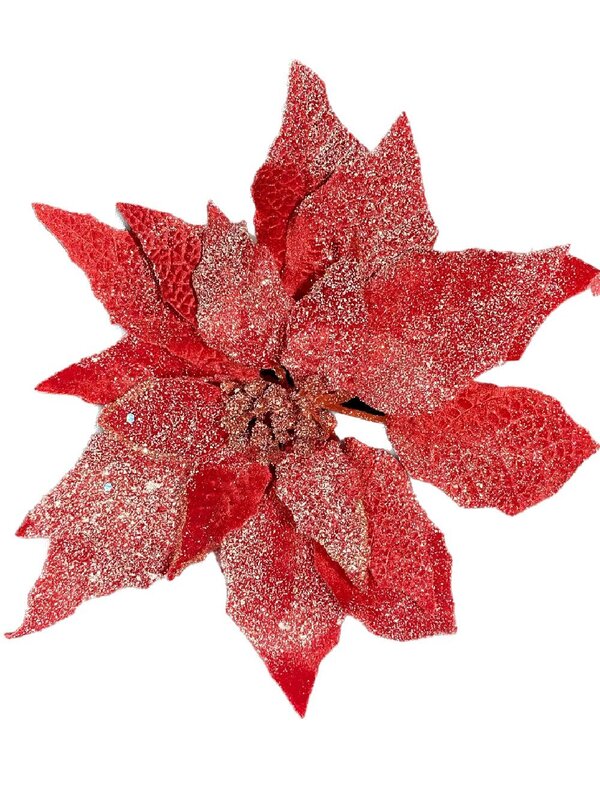 28cm Red Glitter Velvet Poinsettia Christmas Tree Clip Pick