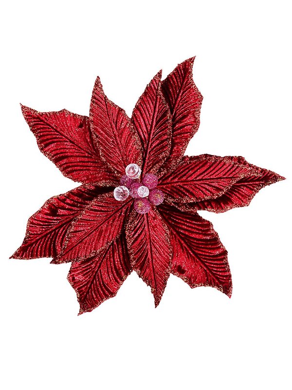 Red Velour Poinsettia With Glitter Christmas Tree Clip Pick | 28cm