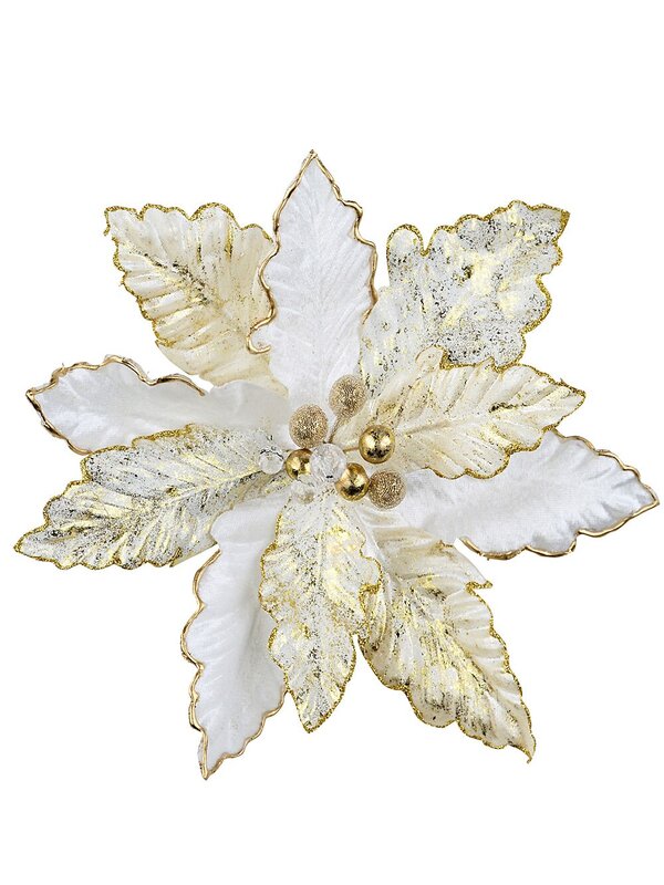 White Velvet & Splatter Gold Poinsettia Christmas Tree Clip Pick | 28cm