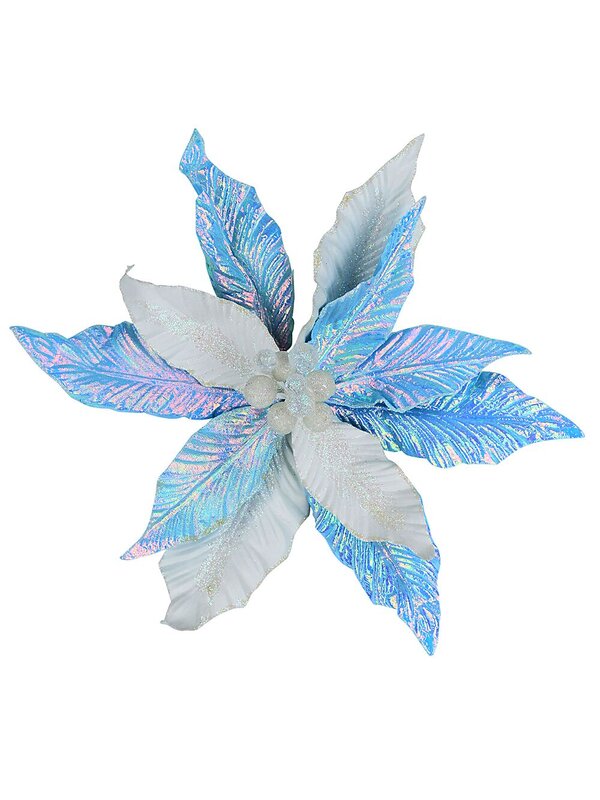Iridescent Turquoise & Ivory Poinsettia Christmas Tree Clip Pick | 30cm