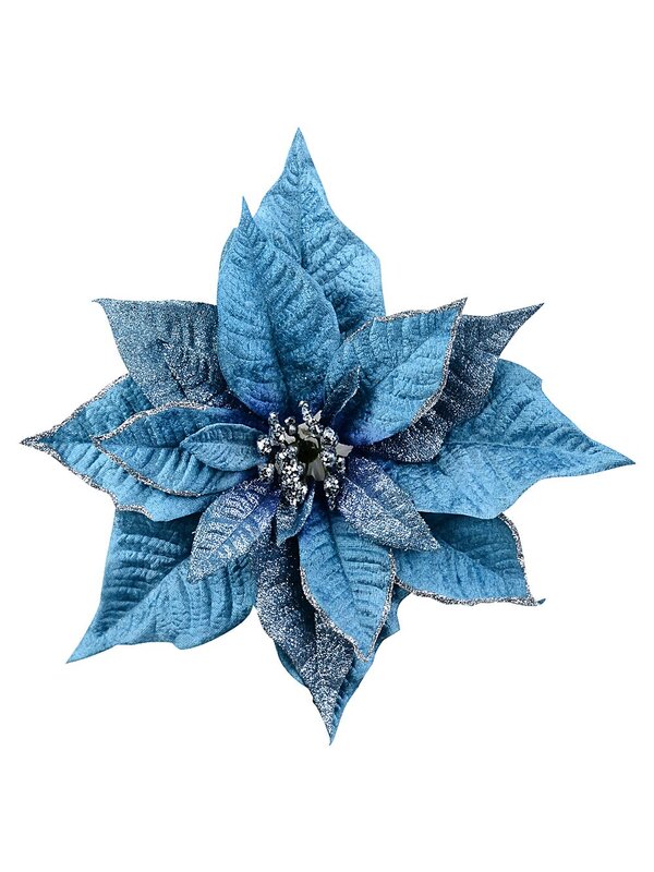 Layered Blue With Glitter Poinsettia Christmas Tree Clip Pick | 30cm