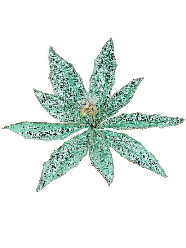 Mint Green Sequins On Mesh Poinsettia Christmas Tree Clip Pick | 30cm