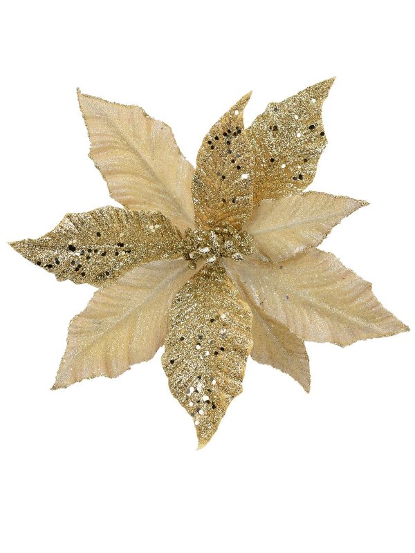 Champagne Glitter & Dew Like Poinsettia Christmas Tree Clip Pick | 32cm