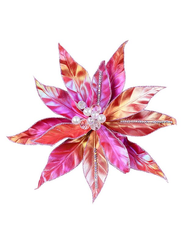 Hot Pink Iridescent With Diamantes Poinsettia Christmas Tree Clip Pick | 32cm