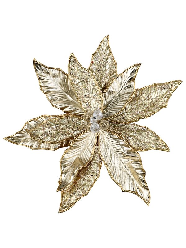 Matte Gold & Shiny Champagne Poinsettia Christmas Tree Clip Pick | 32cm