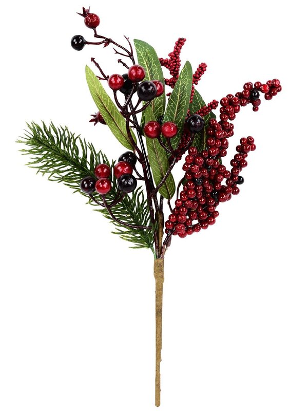 Pine Sprig Leaf & Red Berry Natural Look Christmas Stem Pick | 32cm